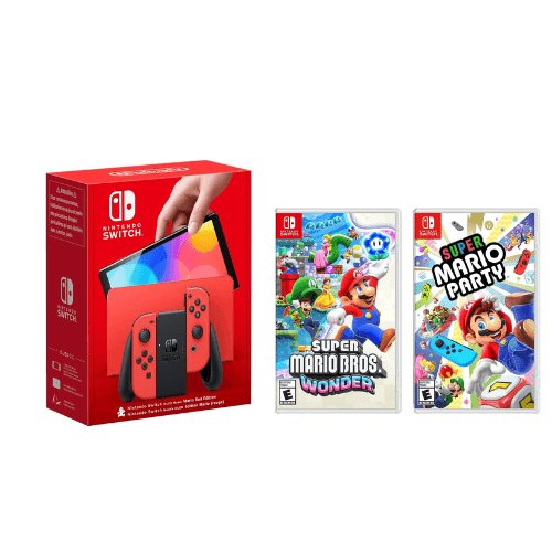 Nintendo Switch OLED Mario Red Edition Console With Super Mario Party and Super Mario Bros Wonder Bundle.