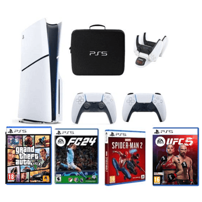 Sony PS5 Disc Slim Console with Extra Controller International Version with Bag, Charger Dock Station and 4 Games - Gamez Geek
